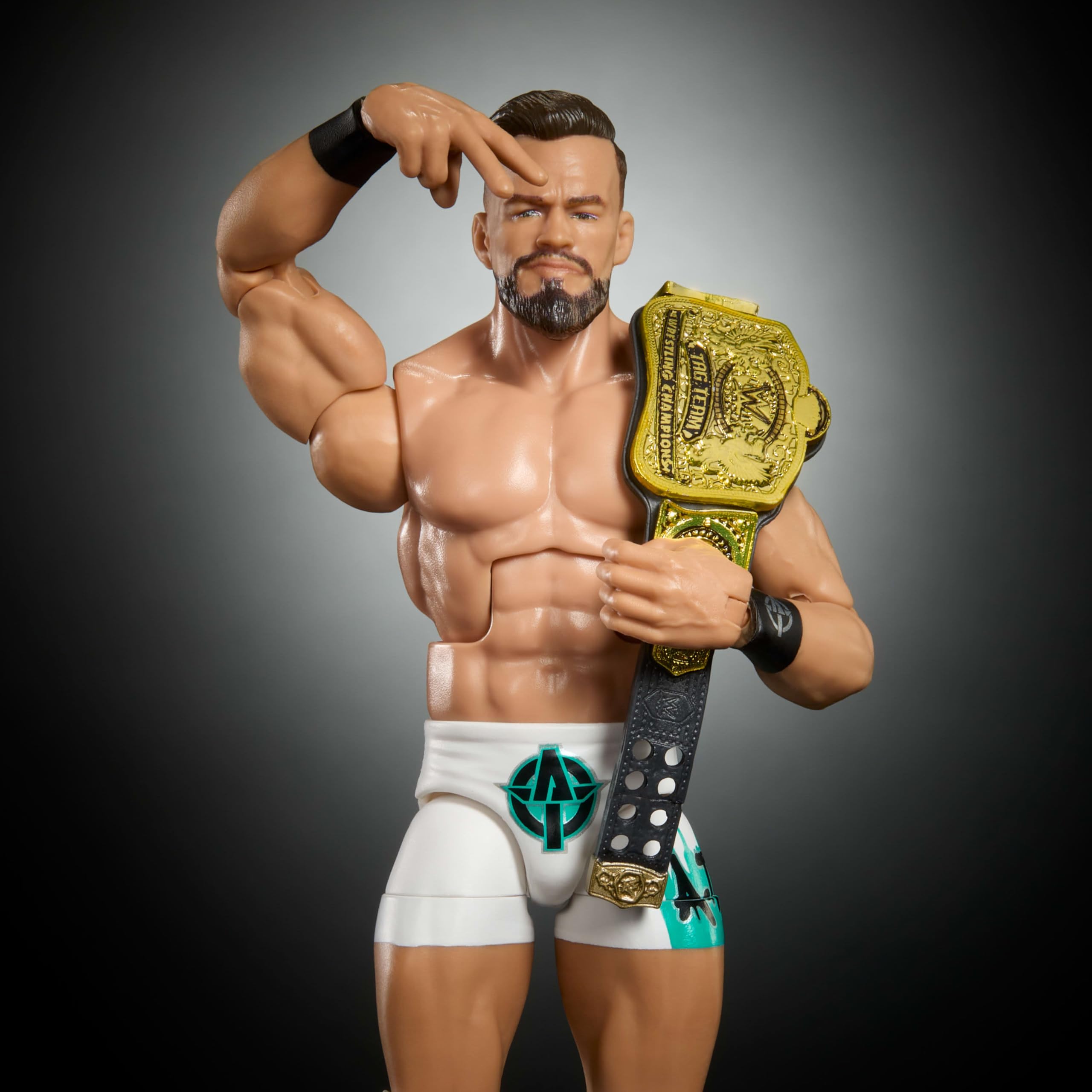 WWE Elite Austin Theory figure with swappable hands for signature moves and playtime.