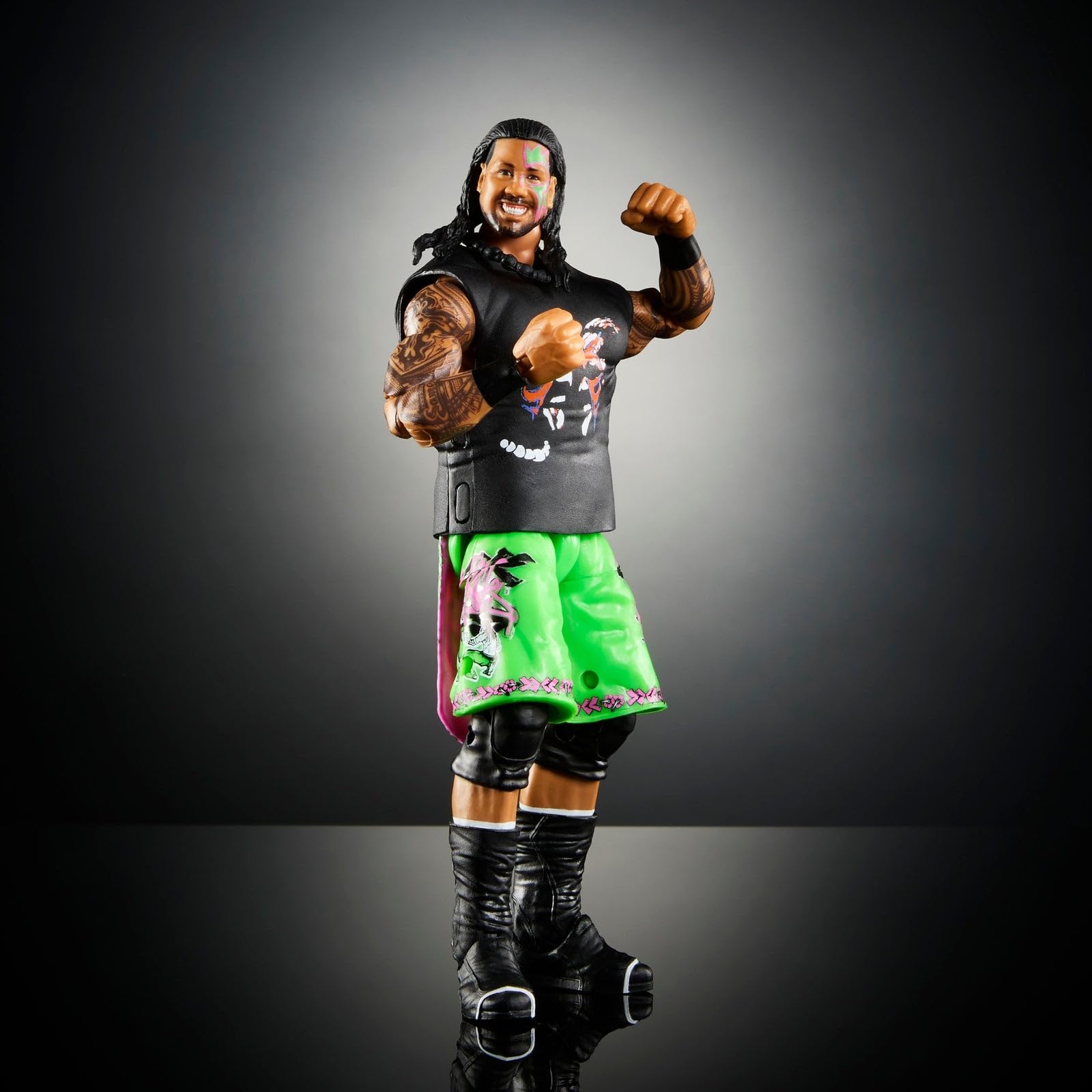 Bright green shorts with tribal artwork on Jey Uso figure