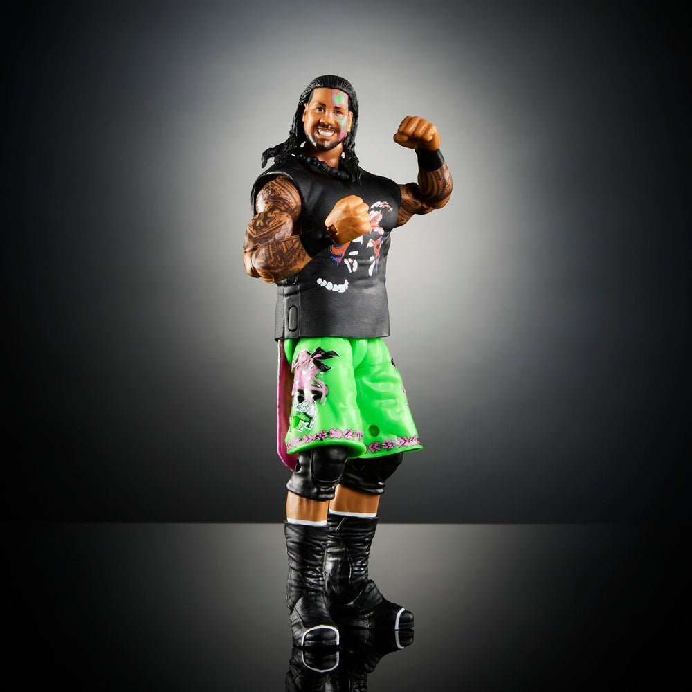 Bright green shorts with tribal artwork on Jey Uso figure