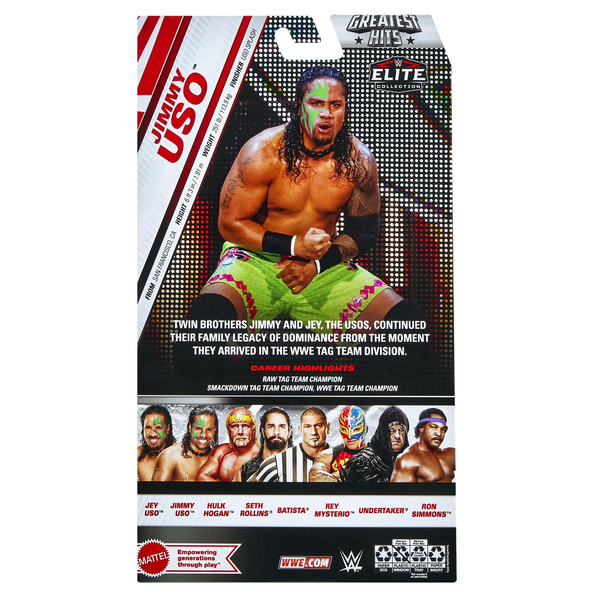 WWE Jimmy Uso Elite Greatest Hits 7 figure packaging highlights authentic branding.