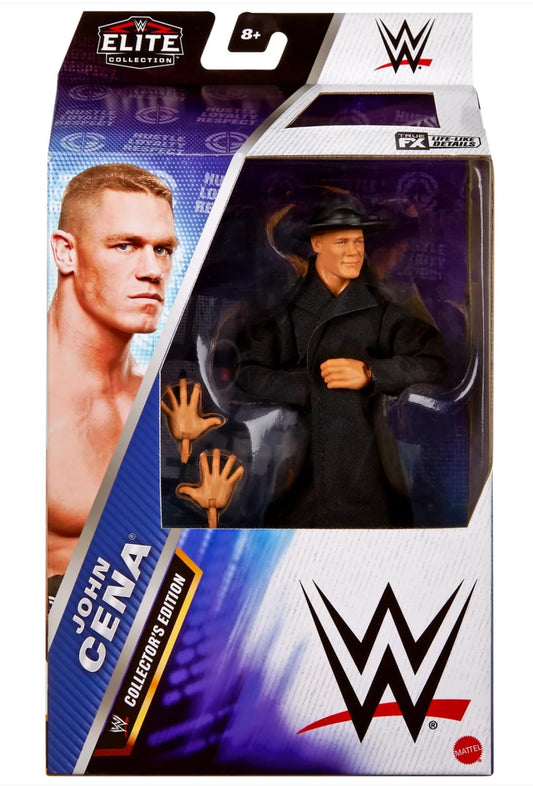 WWE John Cena retirement figure in dramatic black coat for display