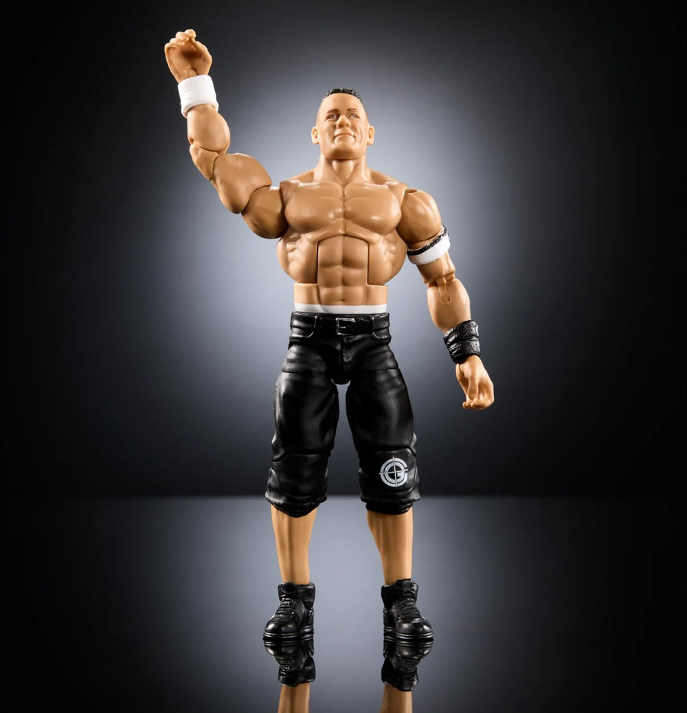 WWE John Cena retirement figure on display shelf with premium presentation