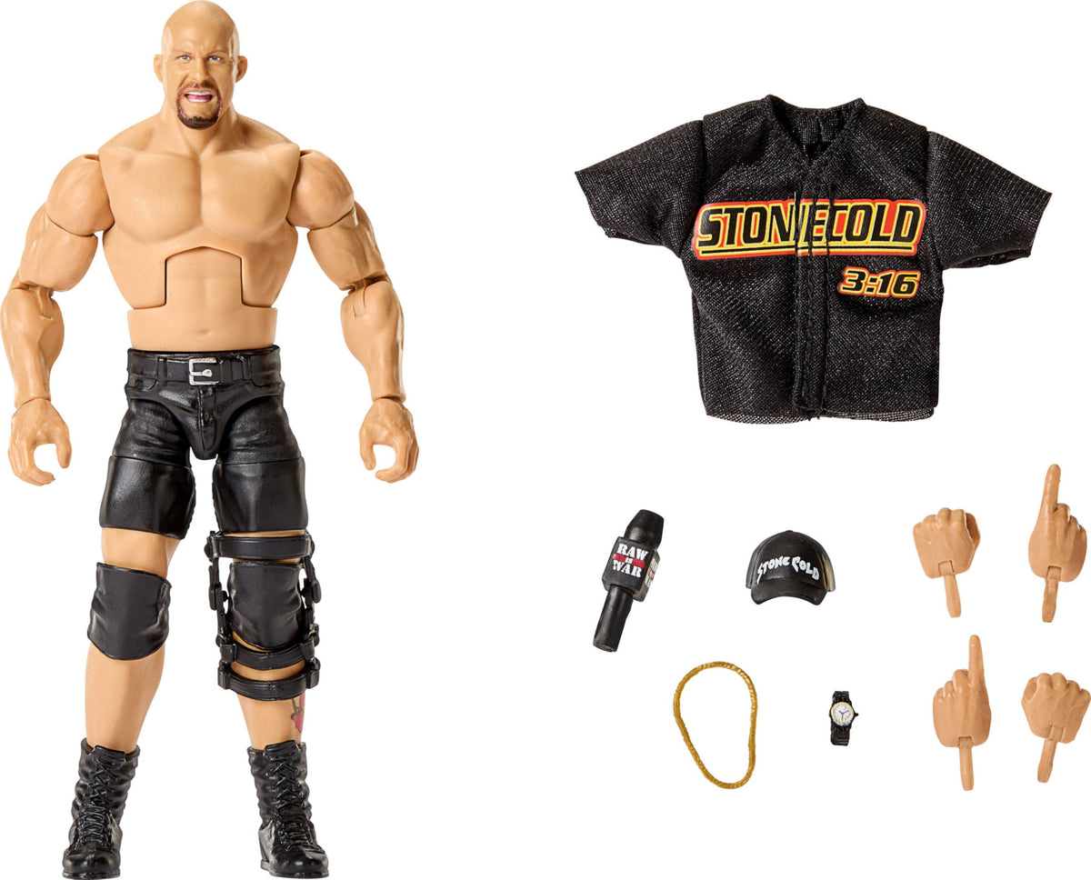 WWE Stone Cold Steve Austin figure front view highlighting 25 articulation points for dynamic posing
