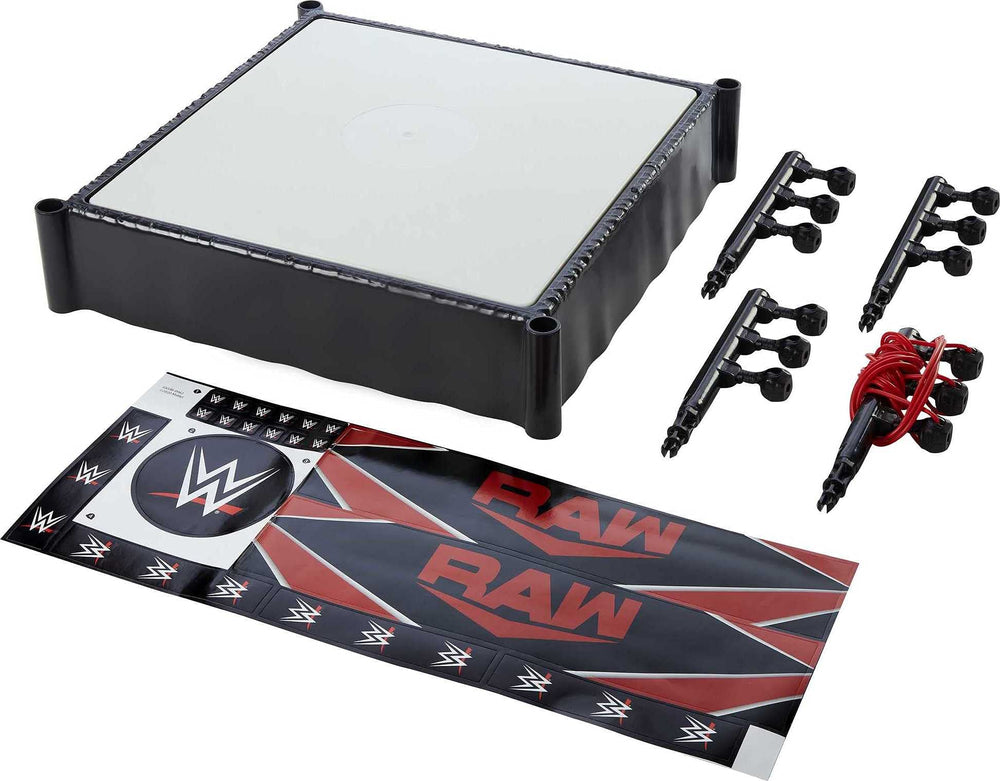 WWE Superstar Ring Real Flex Ropes close-up showing launch-ready lanes for figure attacks.