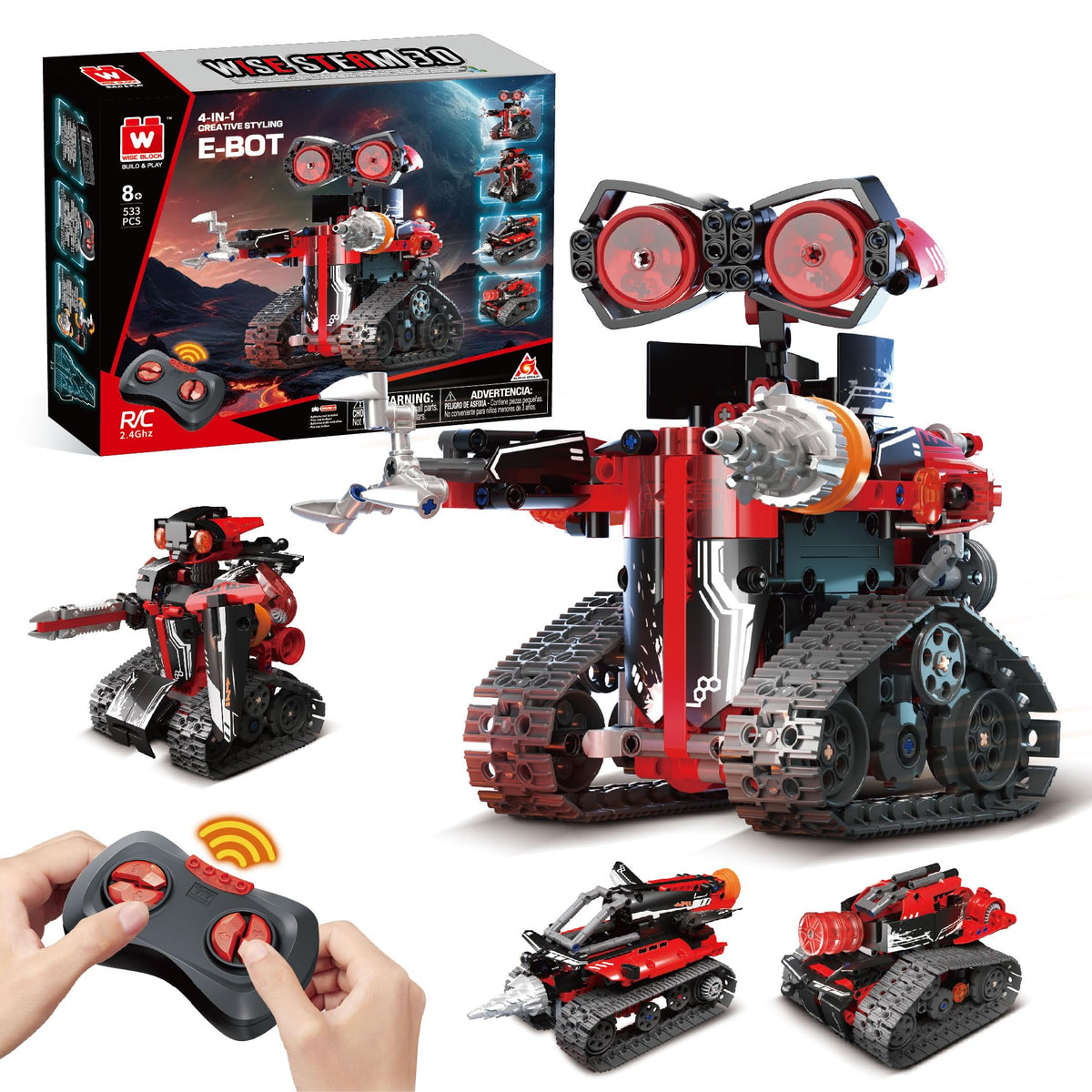 W WISE BLOCK 533-piece robot kit overview showing four build modes for imagination and learning