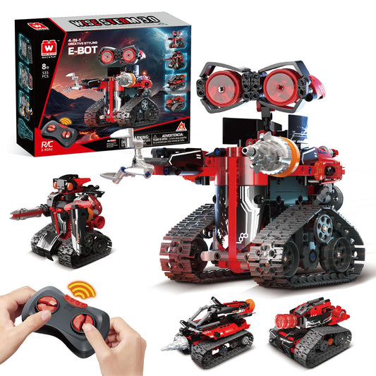 W WISE BLOCK 533-piece robot kit overview showing four build modes for imagination and learning