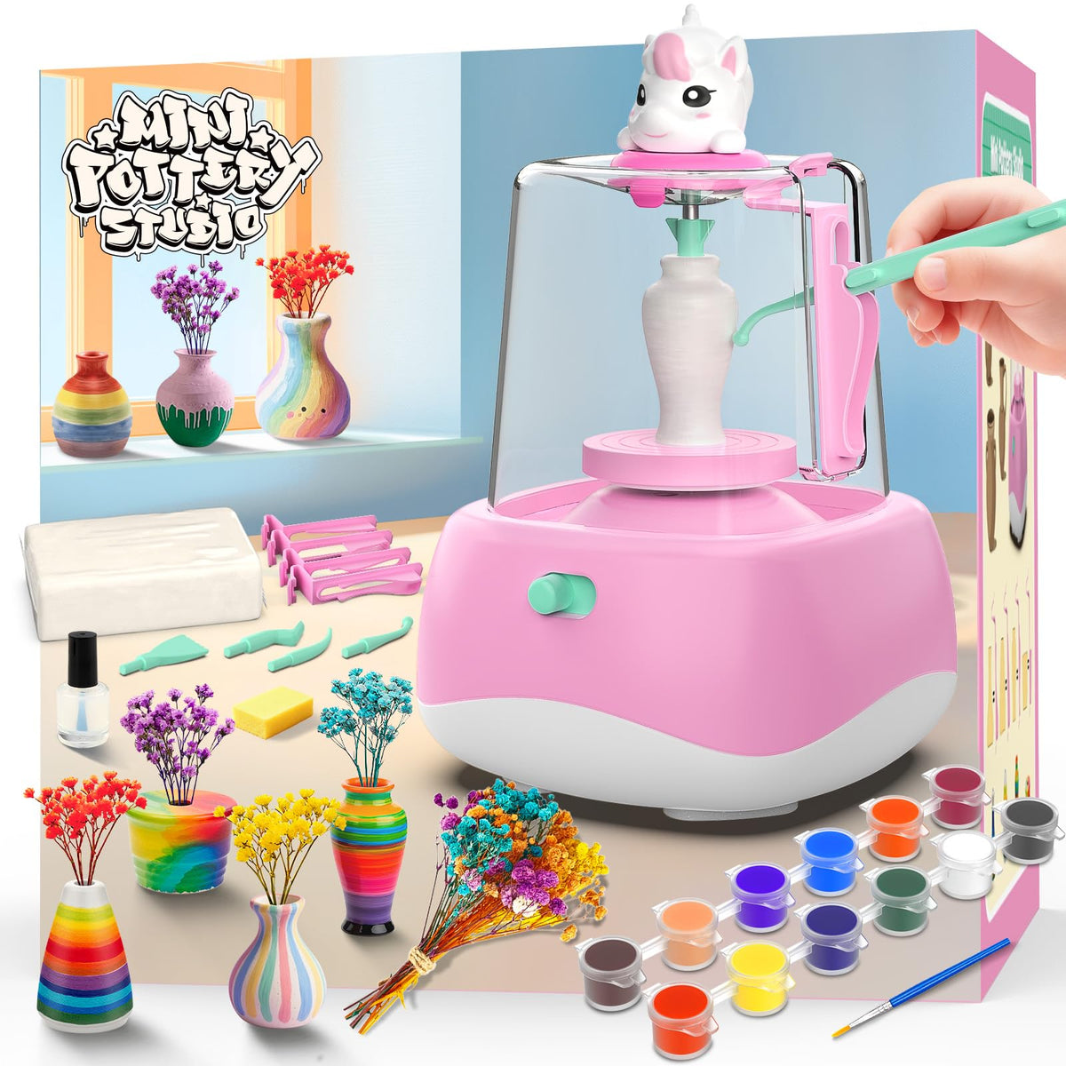 Wwzzey Mini Pottery Wheel pink turntable for kids to sculpt and paint