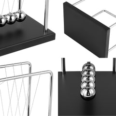 WXBRMCRY Newton's Cradle close-up shows polished steel spheres and a long swing cycle.