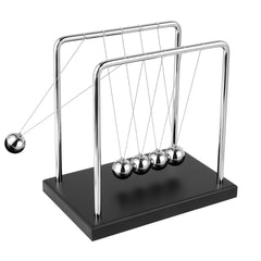 WXBRMCRY Newton's Cradle large black base with wooden stand demonstrates graceful energy transfer for focus.