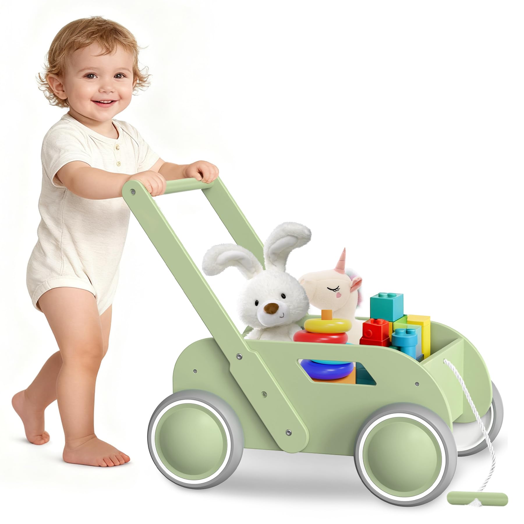 WyfKyd mint green wooden baby walker with anti tipping back wheels for safety