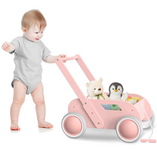 WyfKyd wooden baby walker pink front view showing sturdy handle and space for toys
