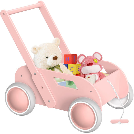 WyfKyd wooden baby walker pink side view highlighting anti tipping design