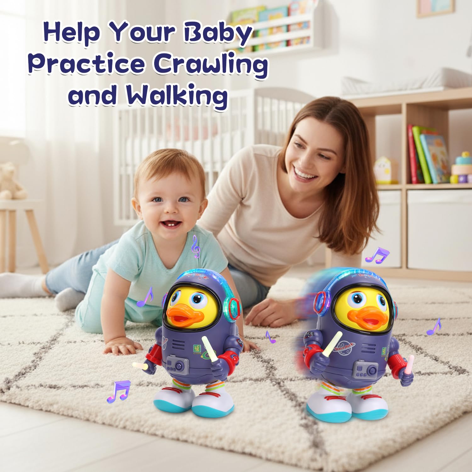 WRYBV space duck toy arms swing as it moves across the room.