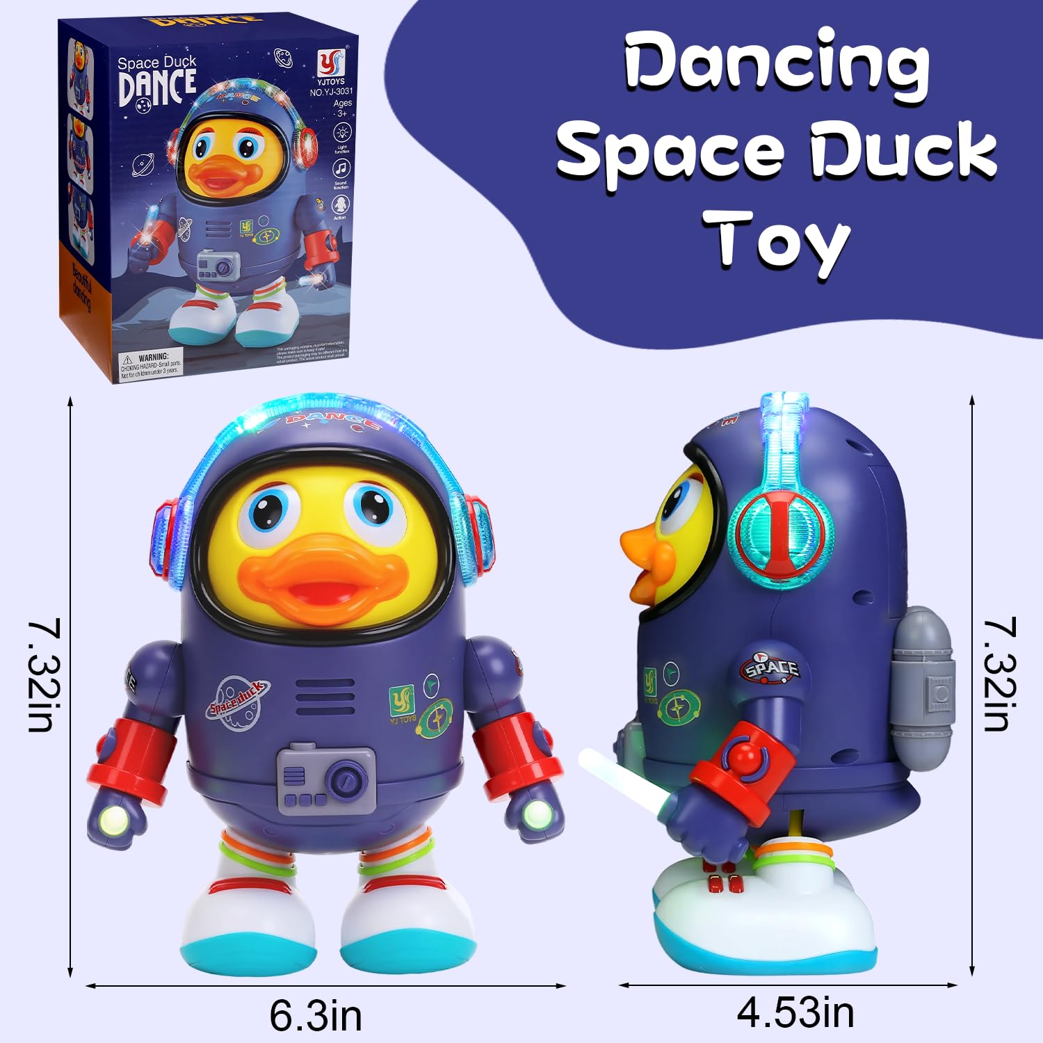 WRYBV space duck toy shows LED lights for visual appeal during play.