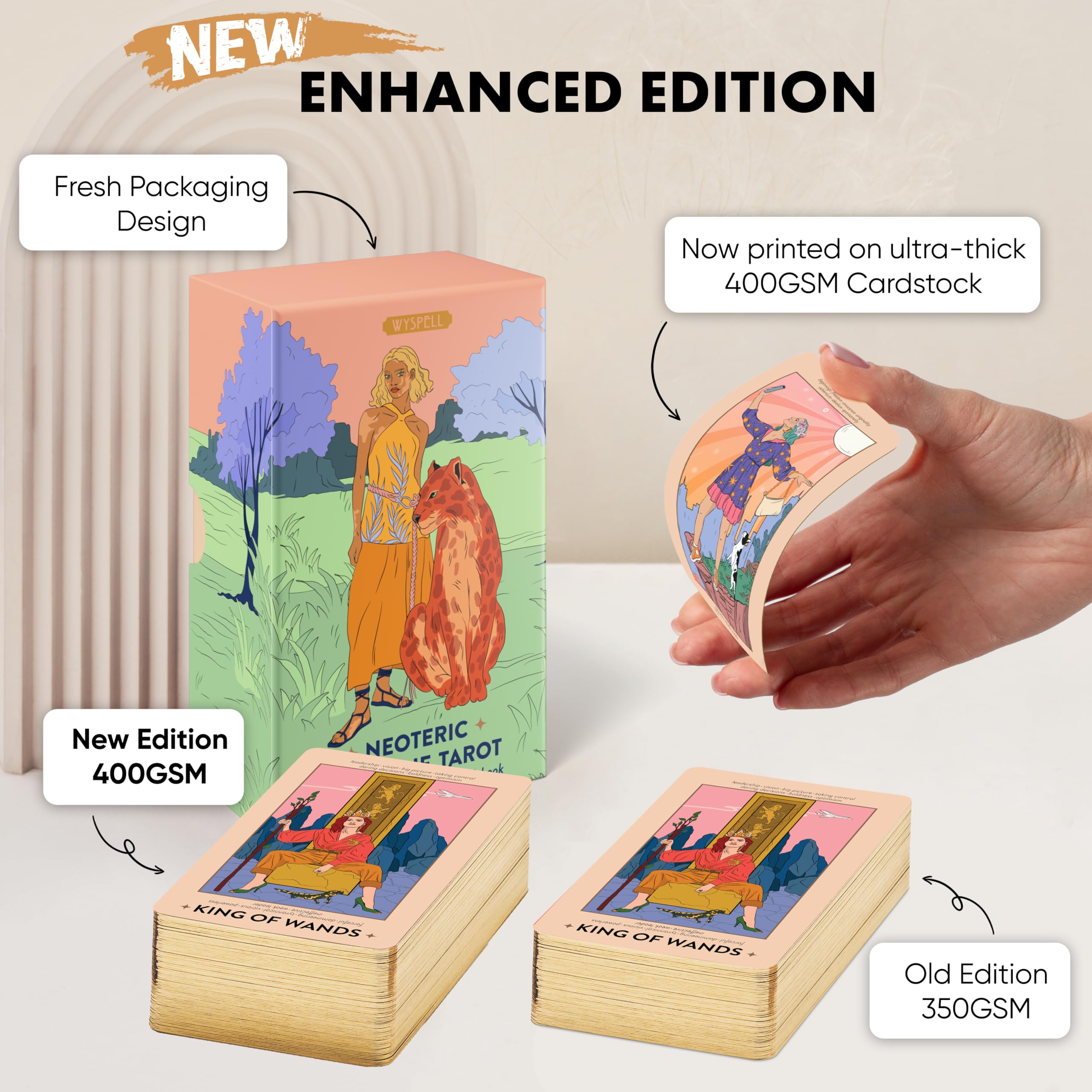 Wyspell Tarot deck with gold foil edges enhances readings with luxury detail.
