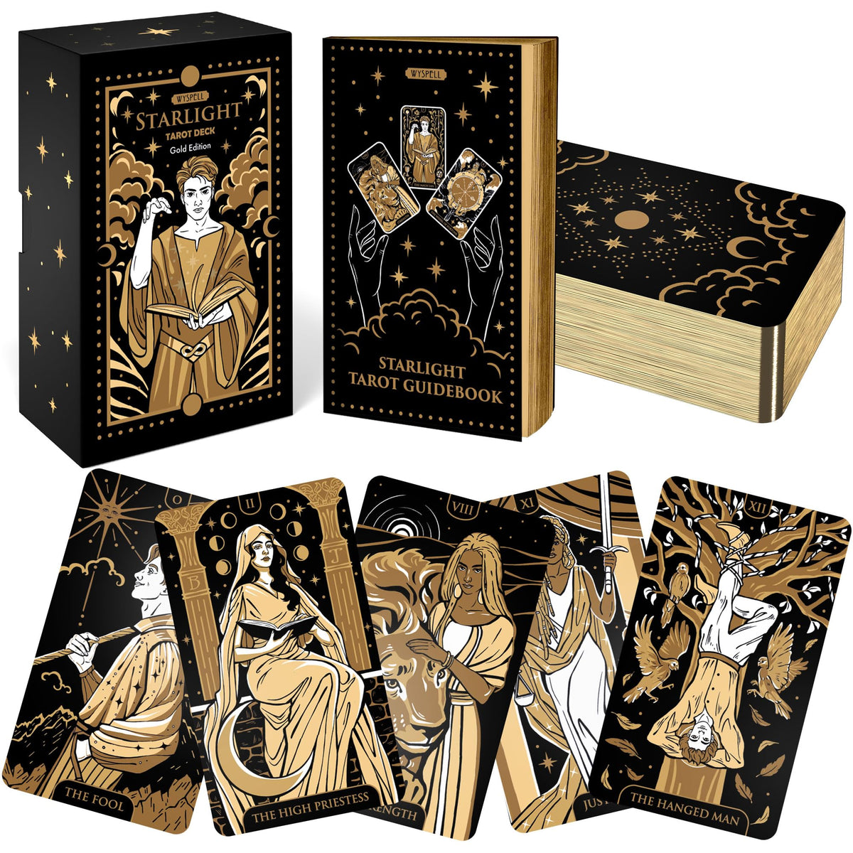 Wyspell Starlight Tarot deck front cover with gold foil, ideal for beginner readings.