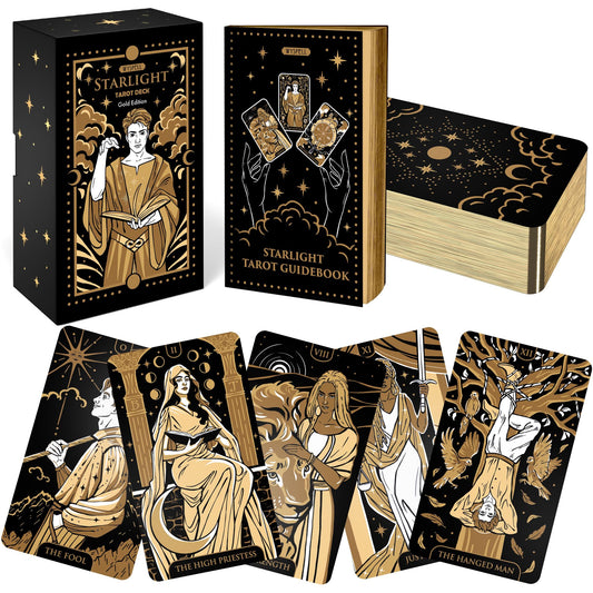 Wyspell Starlight Tarot deck front cover with gold foil, ideal for beginner readings.