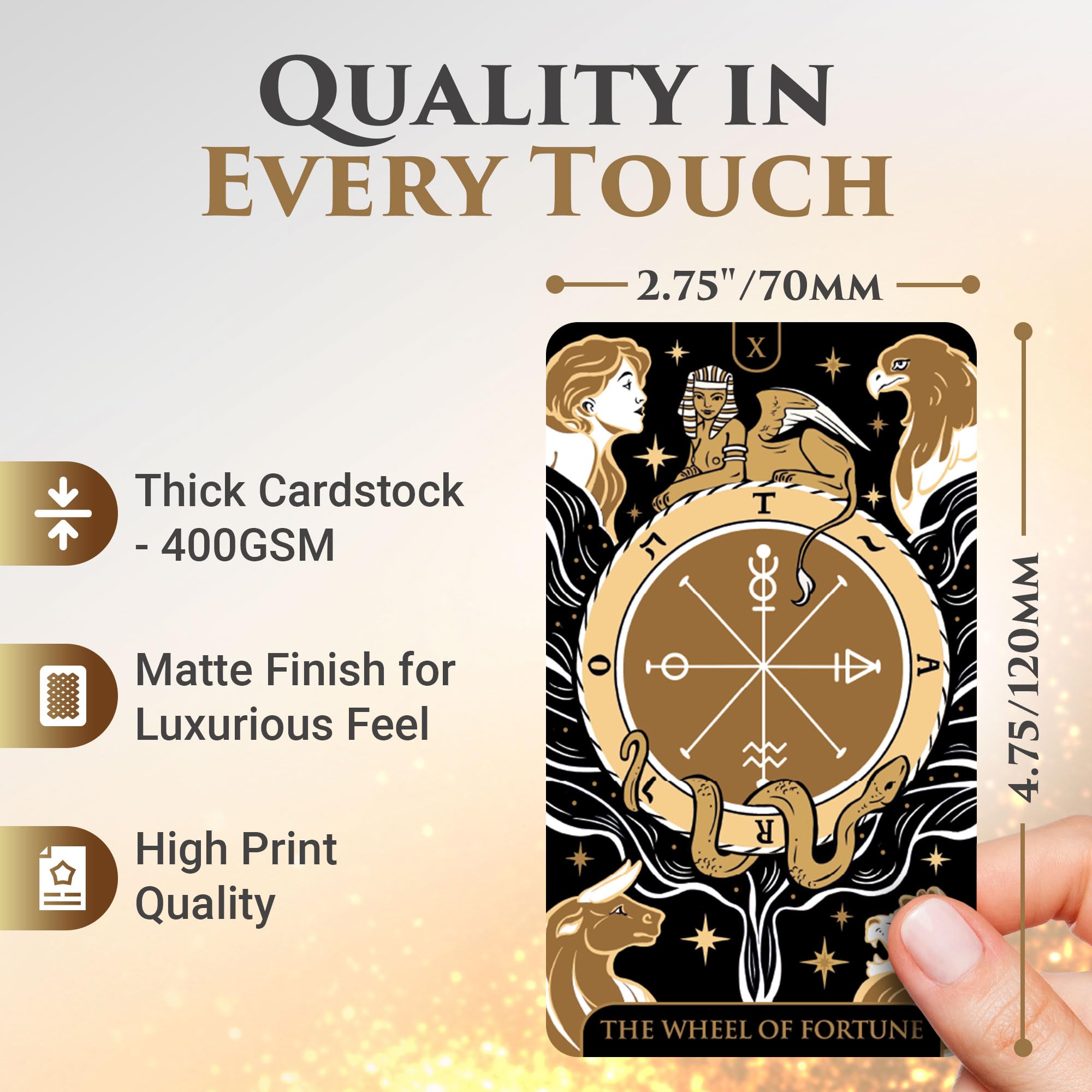 Wyspell Starlight Tarot deck gold foil detail enhances visual appeal for rituals.