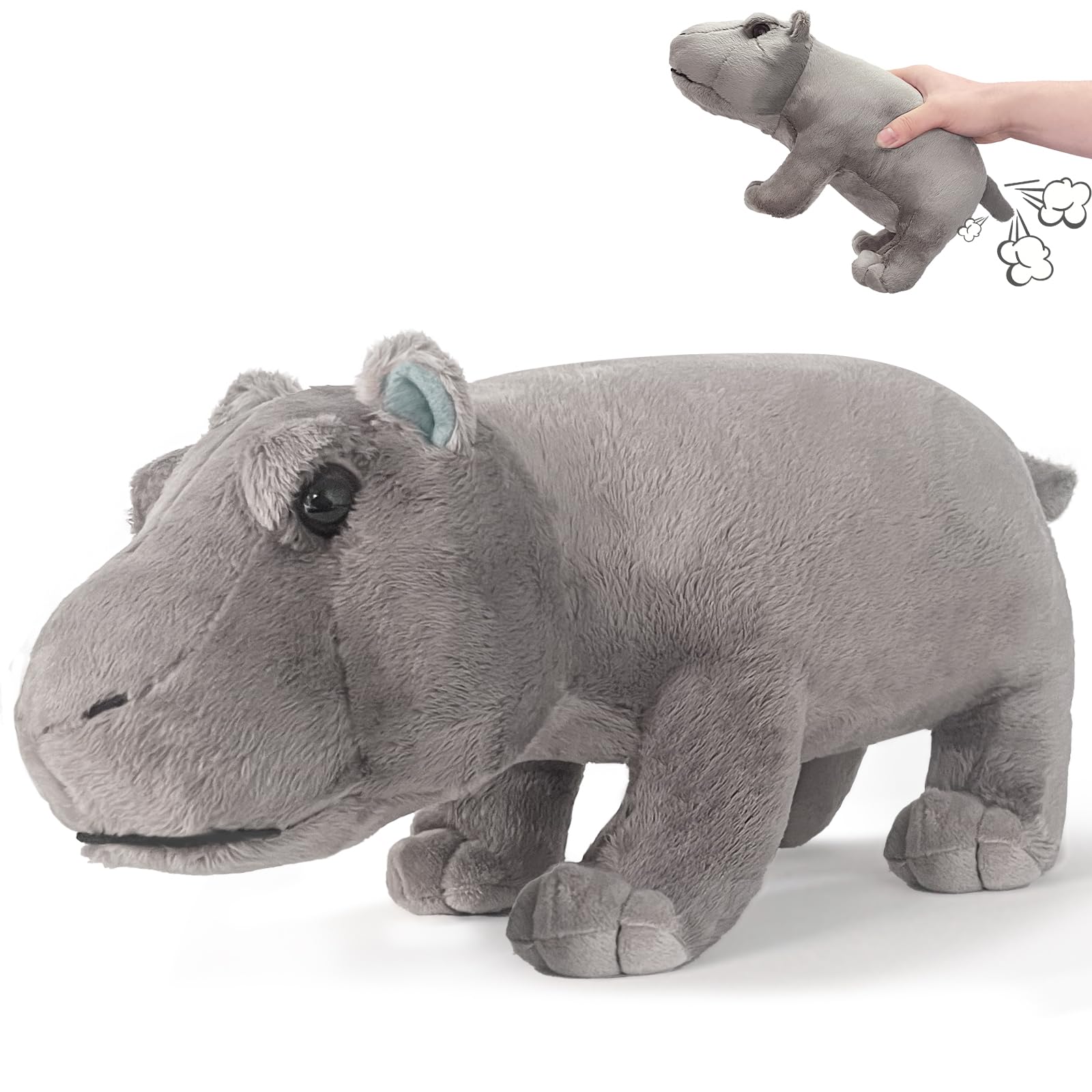 WYZOID hippo plush with fart sound action for playful pranks and cuddly fun.