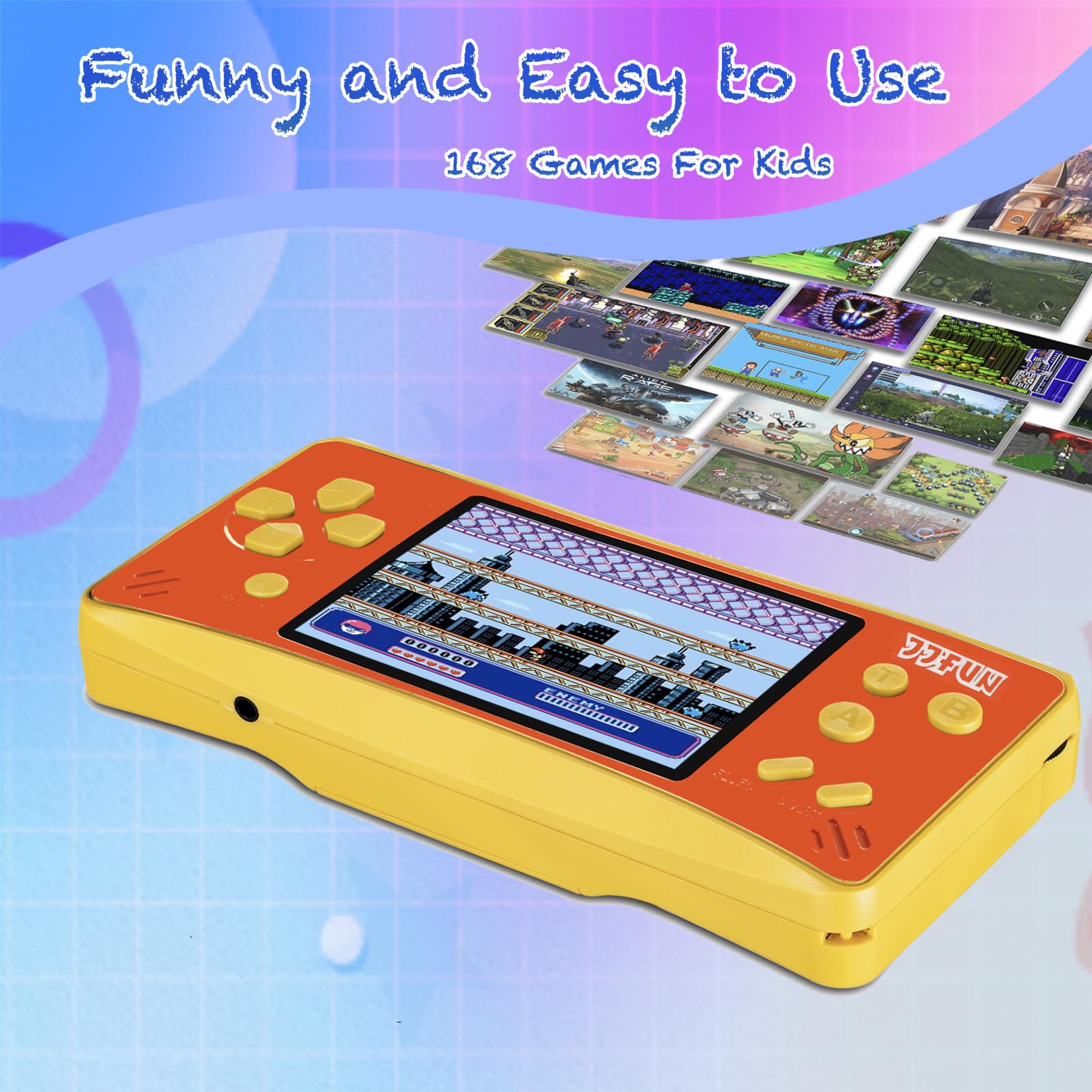 X-JOYKIDS handheld game menu grid showcasing 168 built-in games.