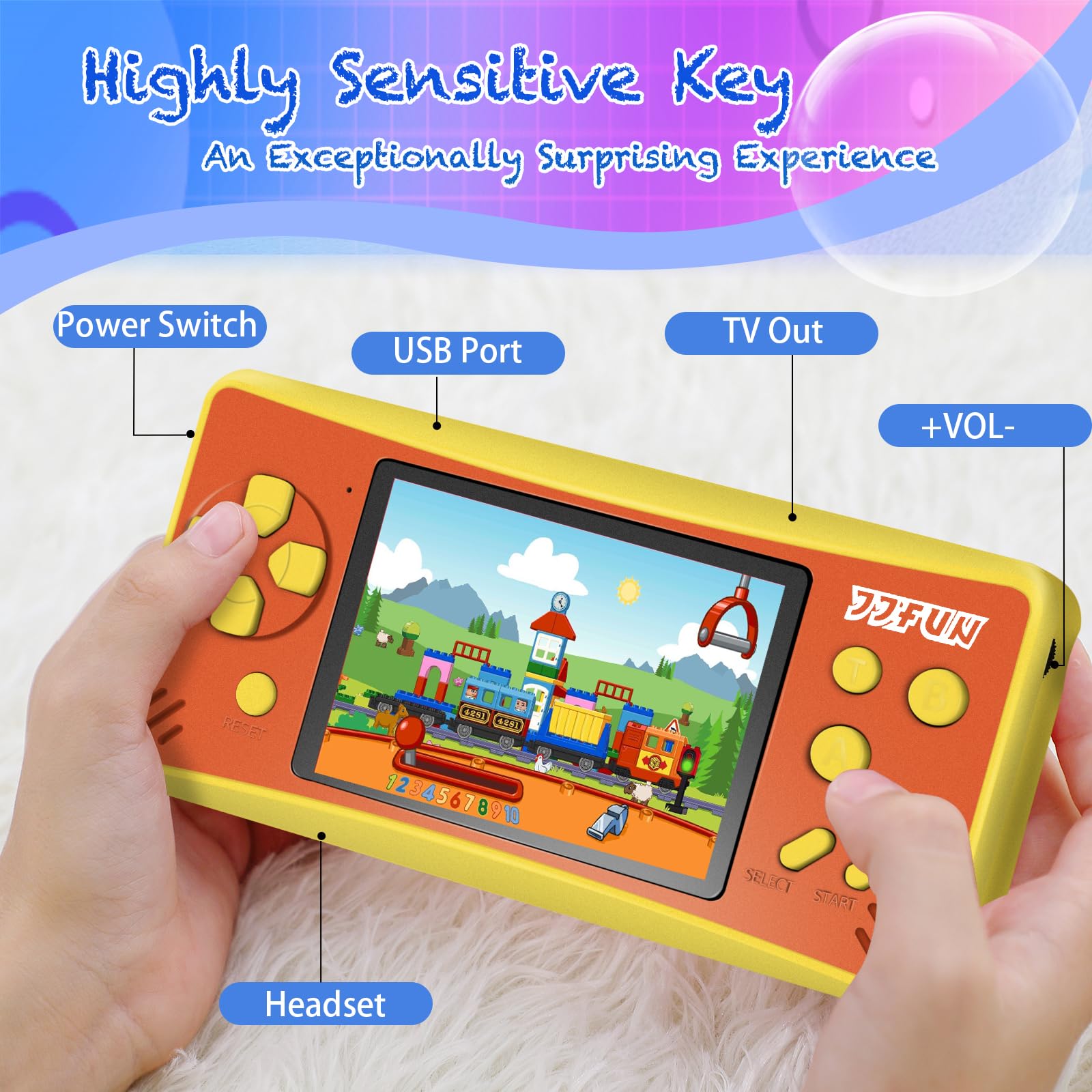 X-JOYKIDS handheld console side view highlighting portable design for travel gaming.