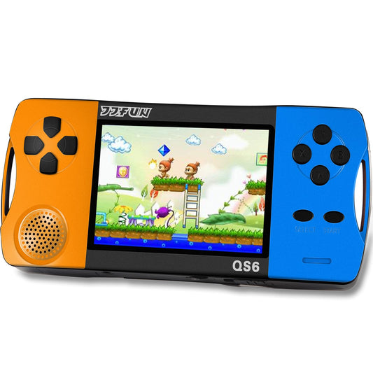 X-JOYKIDS QS6 16Bit handheld front view in blue-orange, ideal for kid-friendly play.