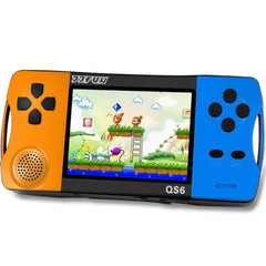 X-JOYKIDS QS6 16Bit handheld front view in blue-orange, ideal for kid-friendly play.