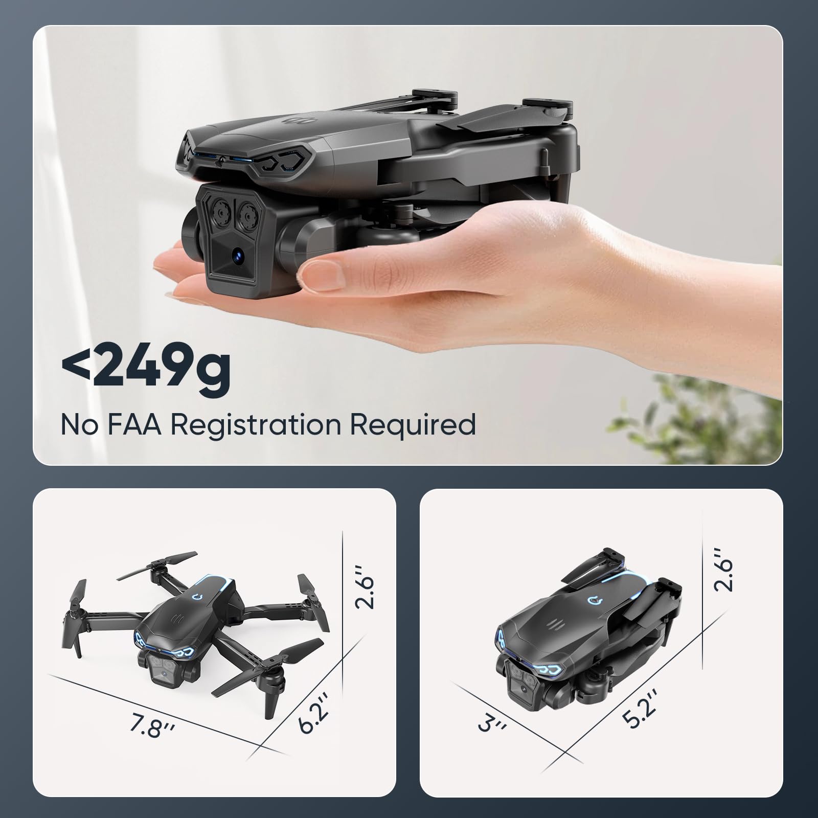 X-shop foldable drone powered by two batteries for extended flight time.