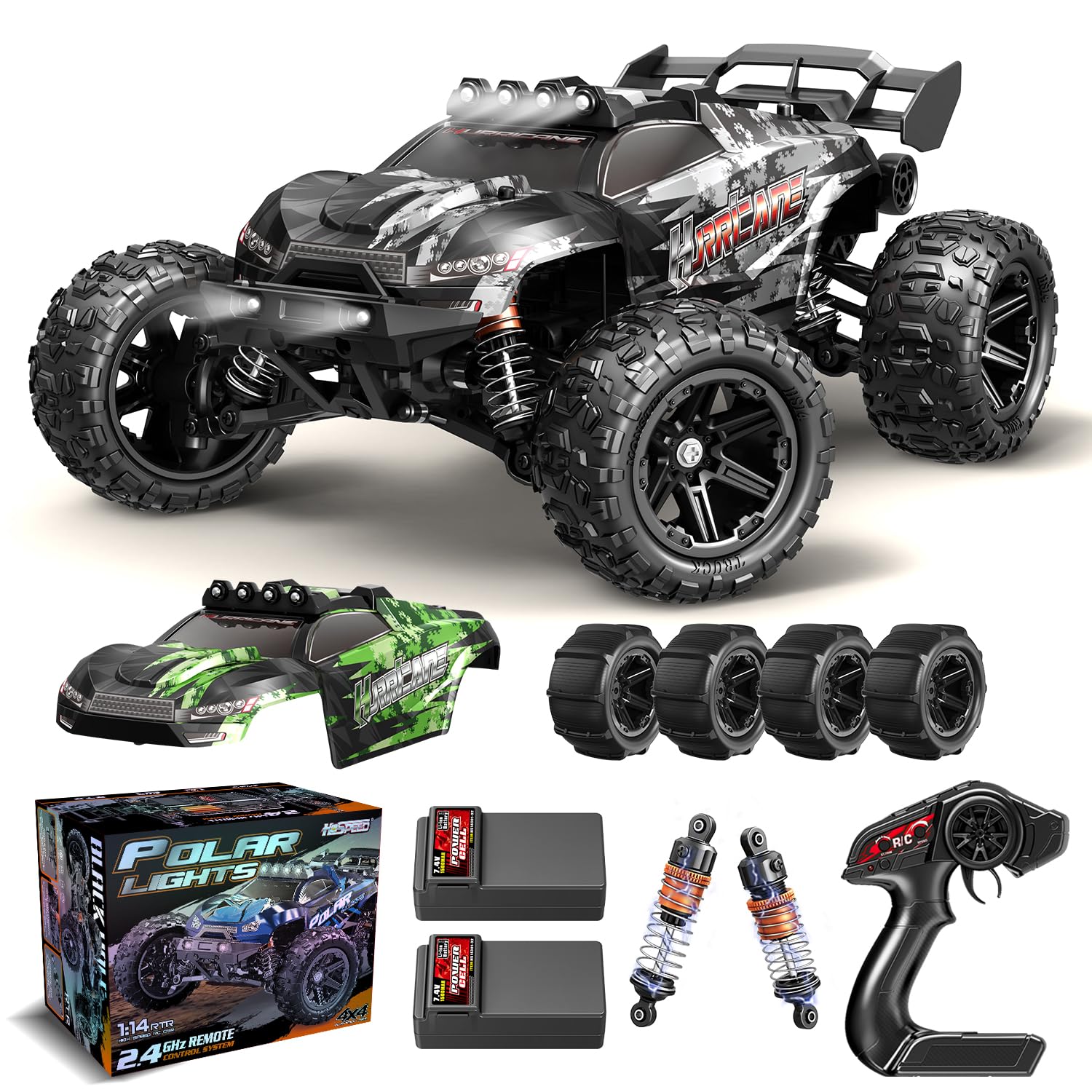 X-TMAGA HS14323 all-terrain RC car front view shows rugged chassis and ready-for-any-terrain performance.