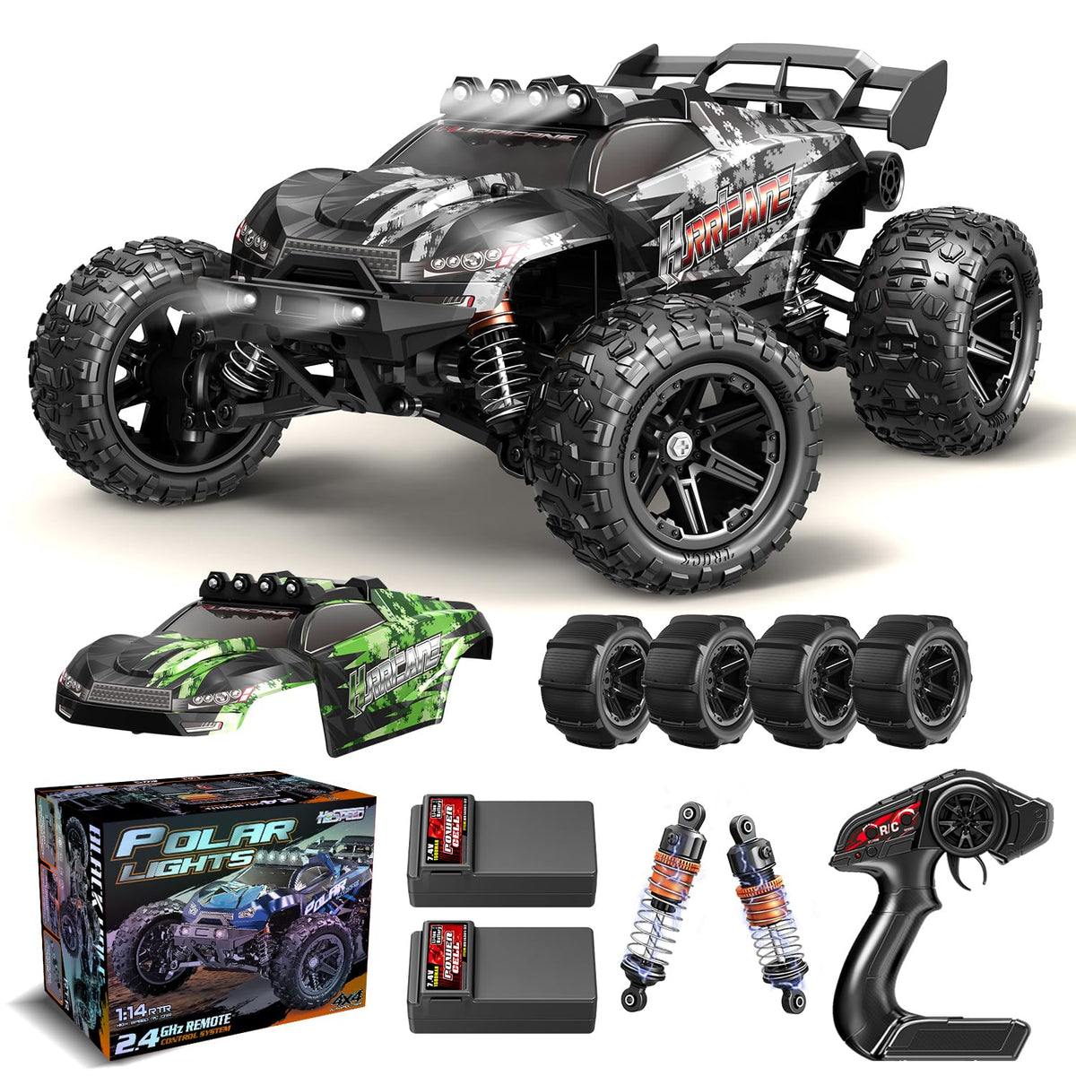 X-TMAGA HS14323 all-terrain RC car front view shows rugged chassis and ready-for-any-terrain performance.