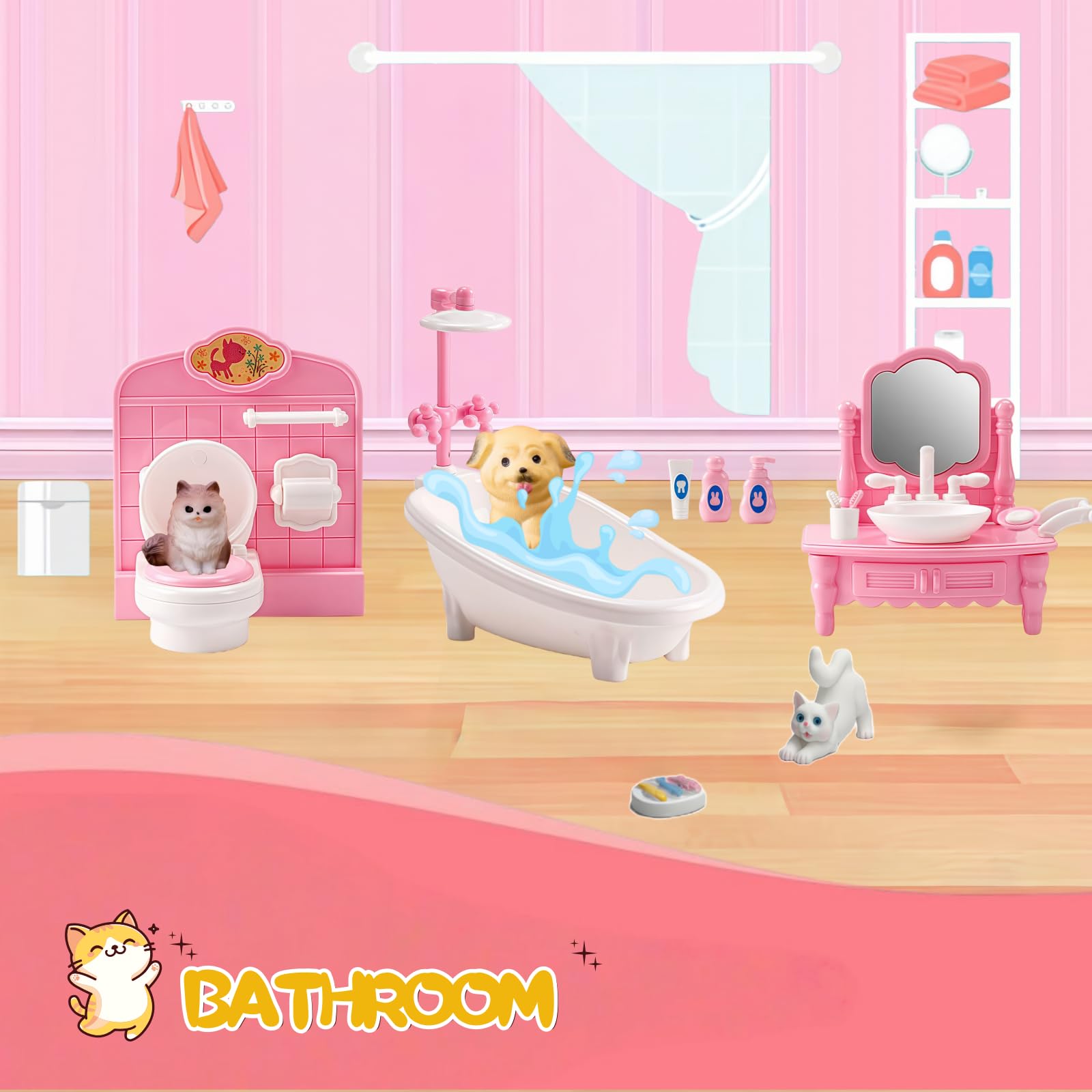 Xadothat pet figures enhance interactions in the pink dollhouse rooms