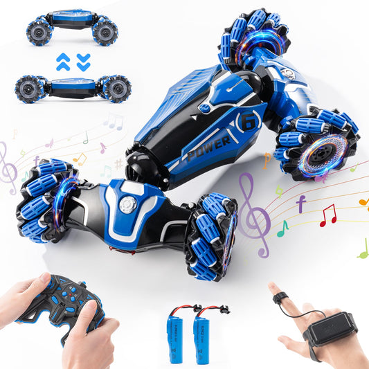 XAMIMM gesture sensing RC stunt car front view shows indoor and outdoor versatility