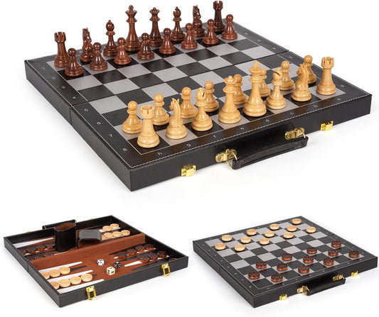 XAOHAO 3-in-1 magnetic chess set with folding 15-inch board for travel.