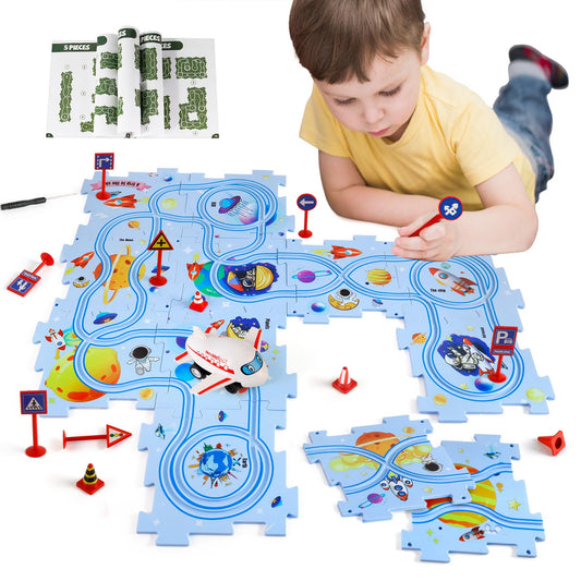 XAZASTOV puzzle track car assembly shows kids building routes for spatial thinking.