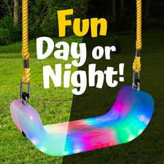 XDP Recreation Firefly LED swing seat lights in daylight for added visibility.