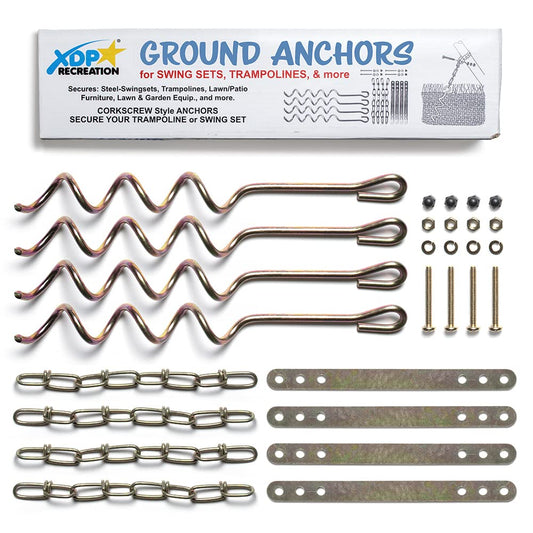 XDP Recreation metal ground anchor kit packaging shows four auger anchors for backyard stability.