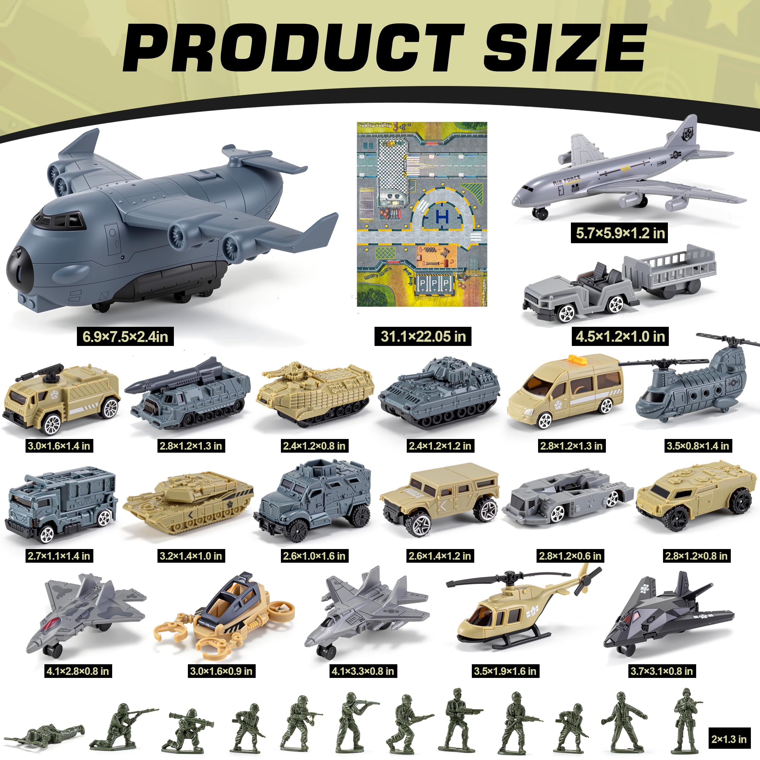 XDUOYJOY 33-in-1 army figures enhancing role-play on the play mat.