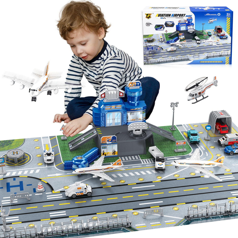 XDUOYJOY airport toy set with planes and trucks on a vibrant playmat for imagination.