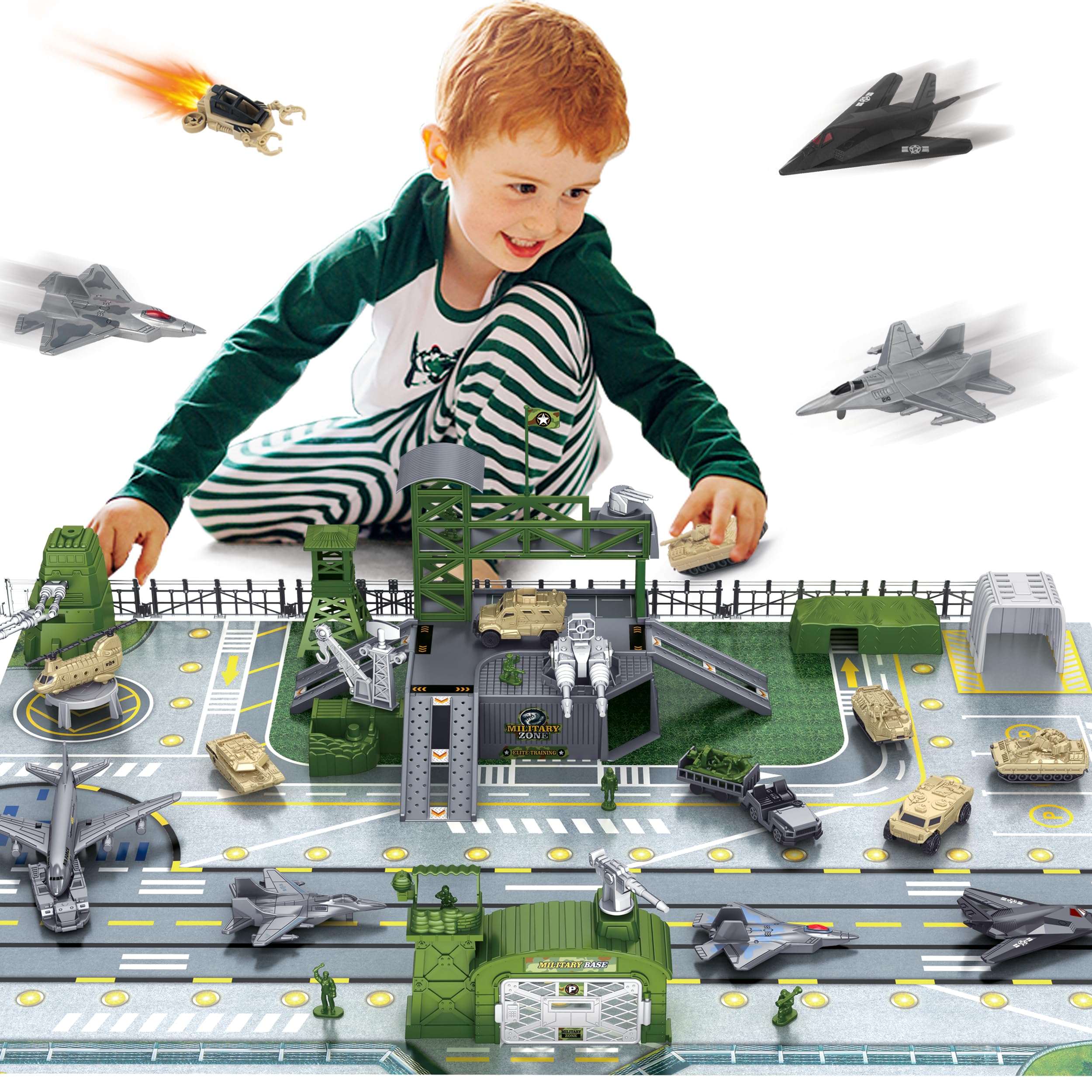 XDUOYJOY Military Base Toy play mat scene with action figures encourages imaginative pretend play