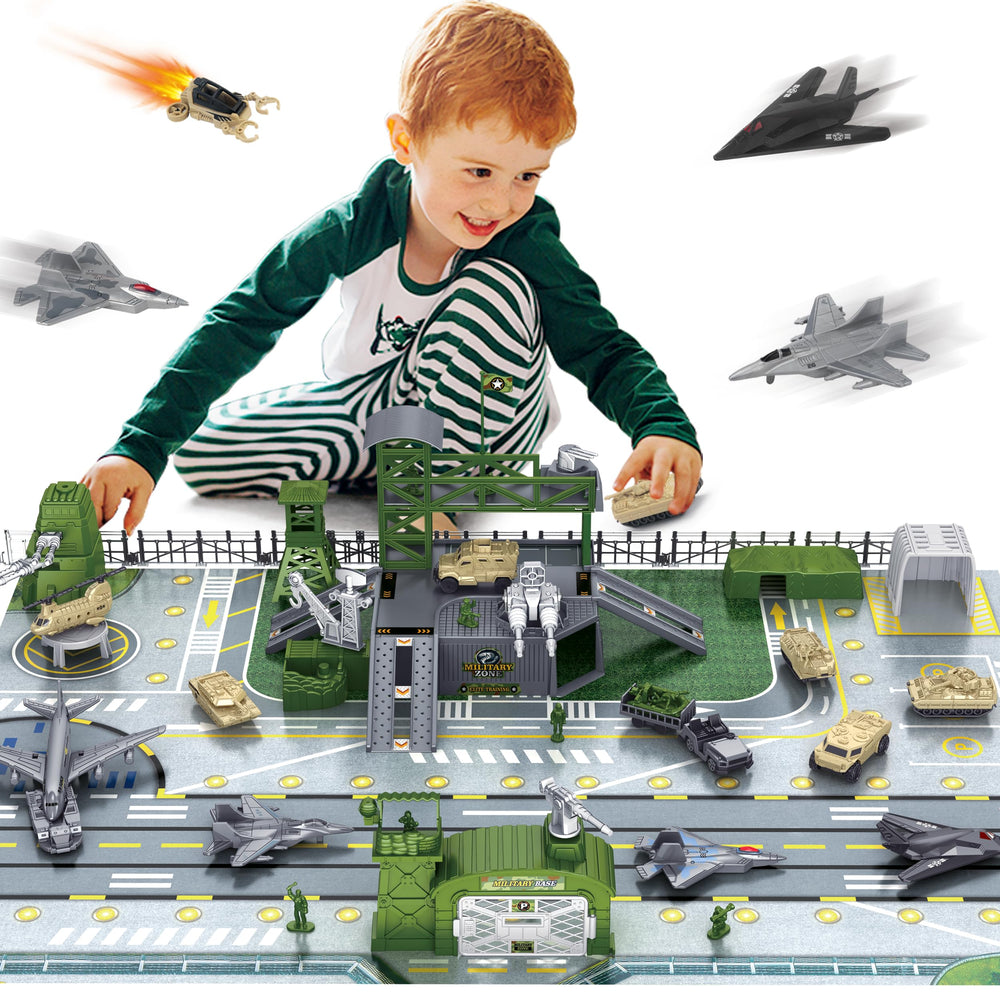 XDUOYJOY Military Base Toy play mat scene with action figures encourages imaginative pretend play