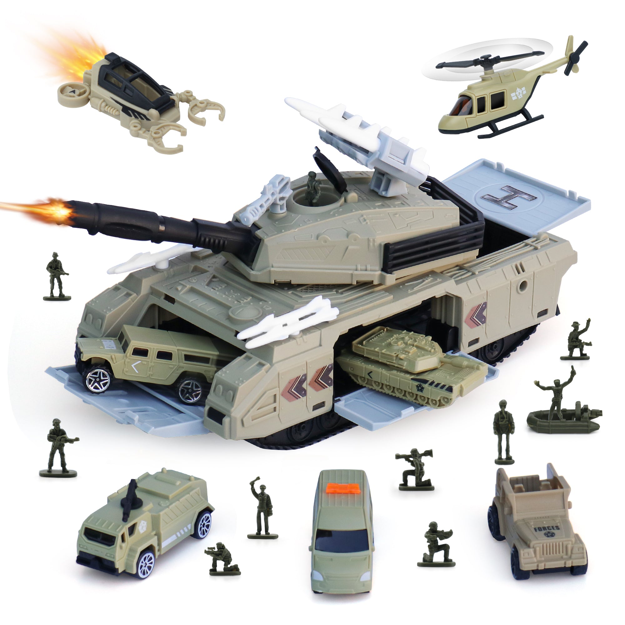 XDUOYJOY military tank set, front view, boosts imaginative play and cognitive skills