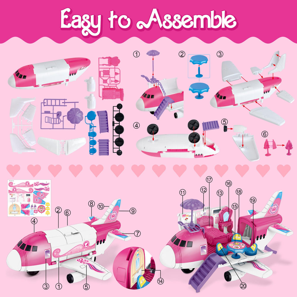 XDUOYJOY pink airplane playset storage space for accessories and figures.