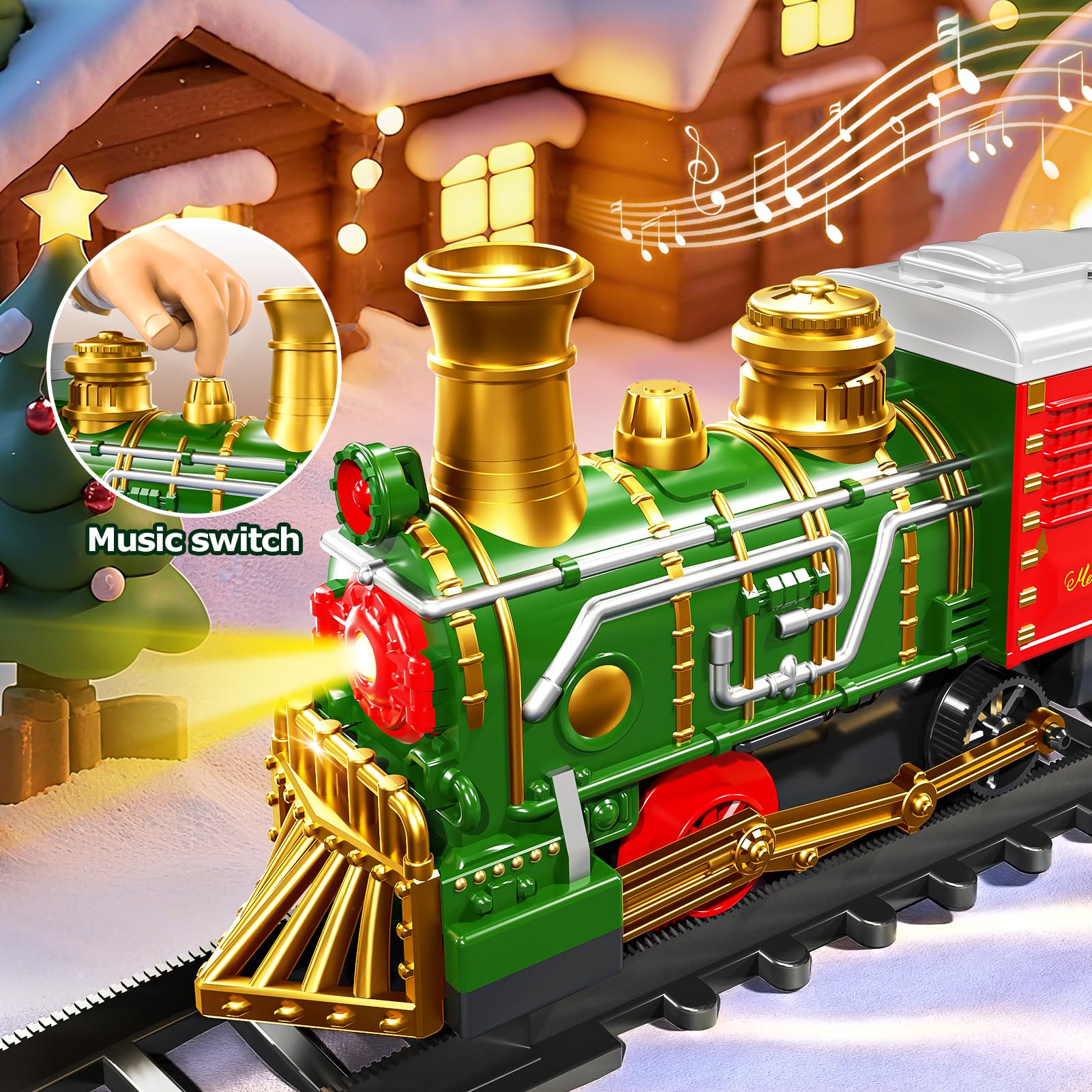 Xelabrion Christmas train looping around a tree as a festive centerpiece
