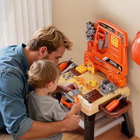 Xelabrion Kids Tool Bench Set drill close-up, showcasing realistic action for pretend repairs.