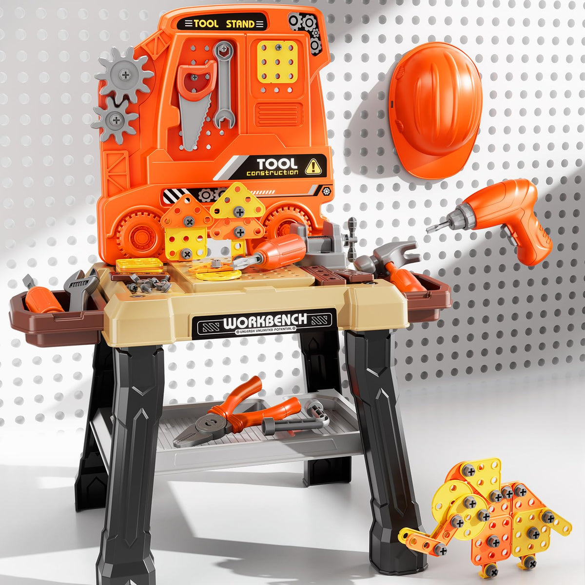 Xelabrion Kids Tool Bench Set full view, inspiring hands-on learning through imaginative construction play.