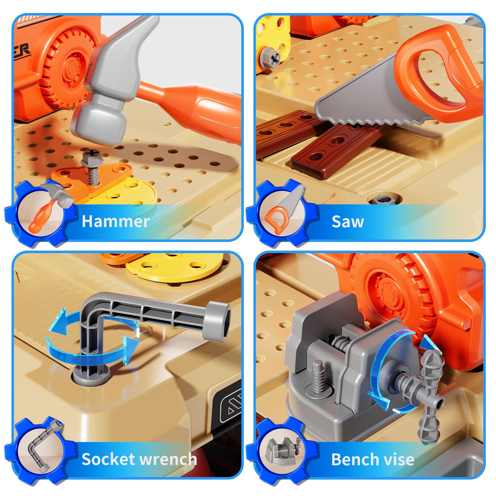 Xelabrion Kids Tool Bench Set tools arranged, highlighting variety for creative projects.