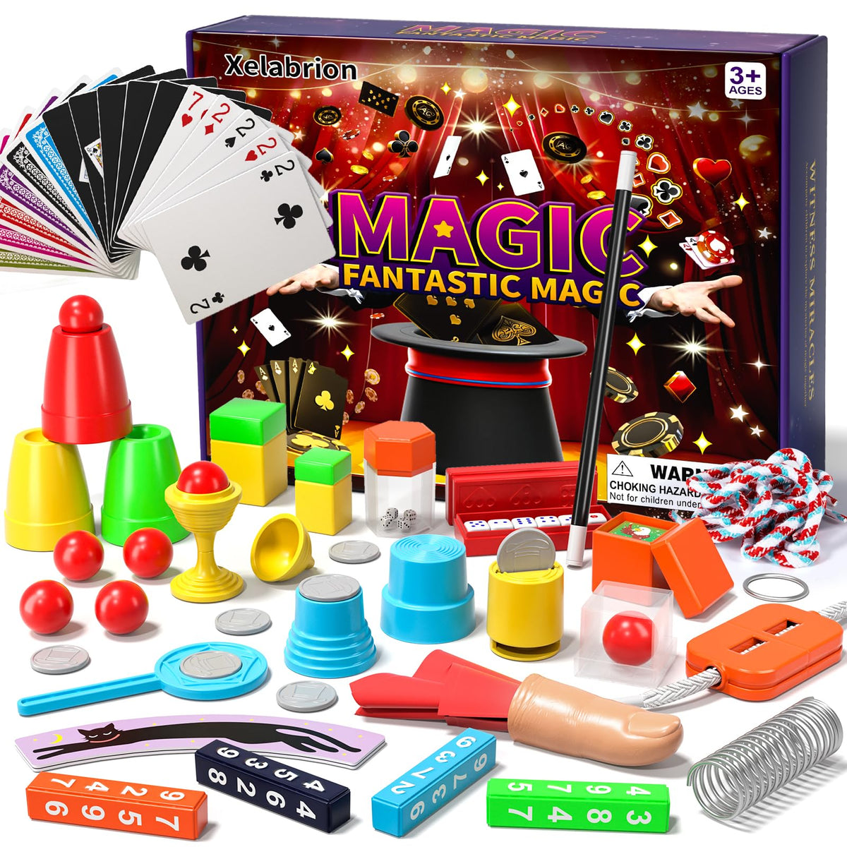 Xelabrion magic kit contents display with 20 props for 130 tricks.
