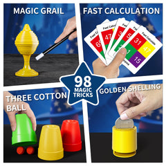 Xelabrion Magic Kit trick setup closeup showing cups and balls in action.