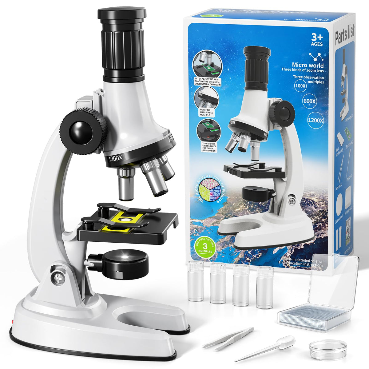 Xelabrion Kids Microscope unboxed kit view for quick setup and portability.