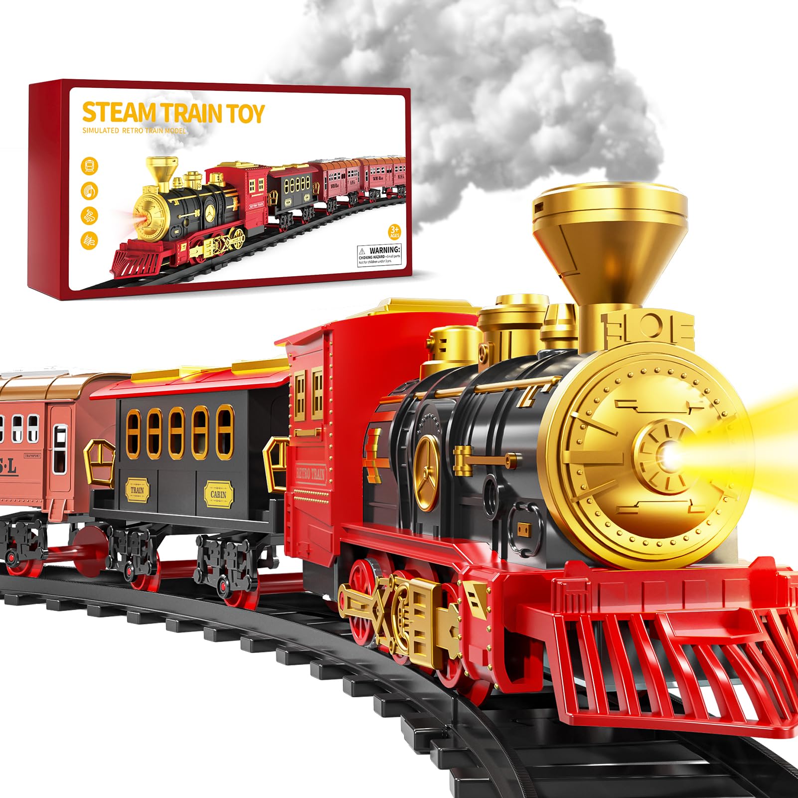 Xelabrion train set locomotive engine with working headlights for realistic play.